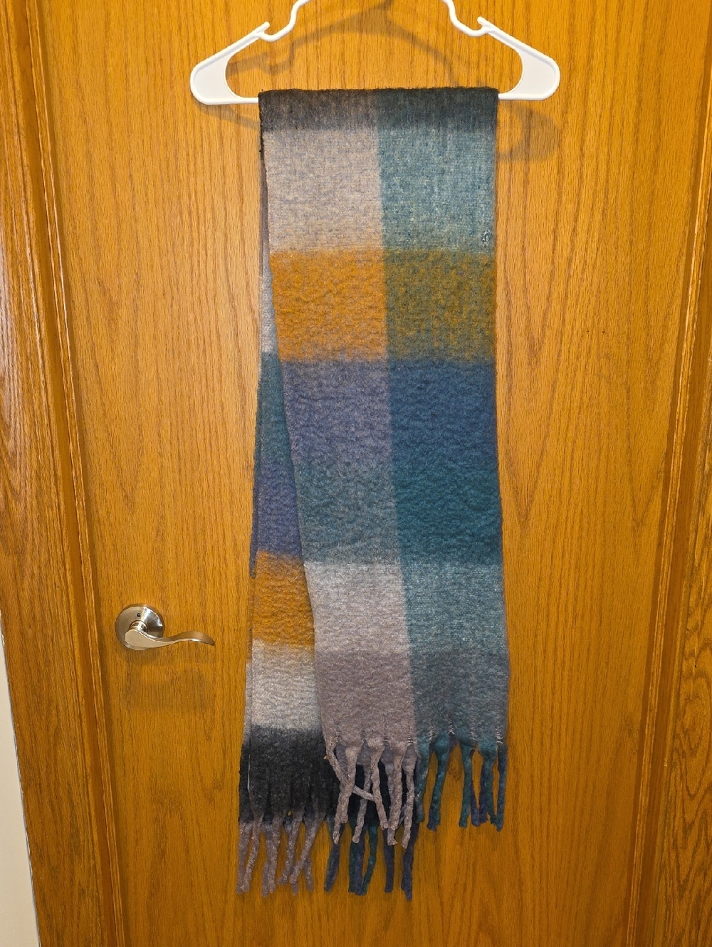 Natural Reflections Plaid Scarf in Teal, Blue, Mustard & Gray